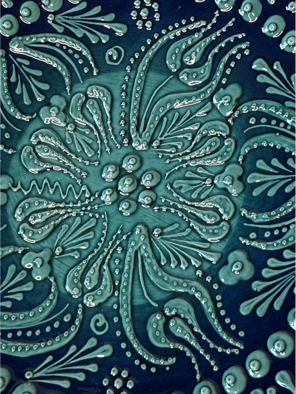 Handmade Blue Turquoise Ceramic Pottery Wall Plate Signed 7.5” Floral Art